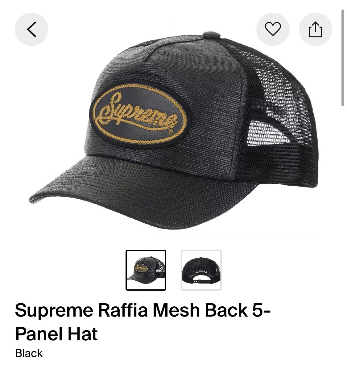 Supreme Raffia Mesh Back 5-Panel Hat Black