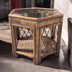 Oversized Rattan and Wicker with Glass Top Hexagon End Table