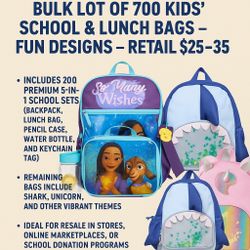(Mini order 50 piece) Bulk Lot of 700 Kids’ School & Lunch Bags – Fun Designs – Retail $25–$35 Each
