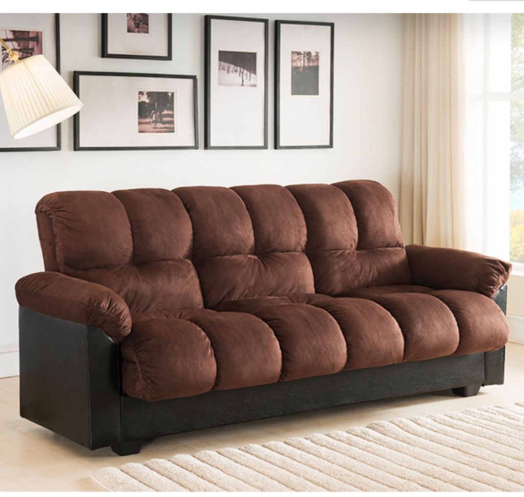 DARK BROWN Fabric Futon Sofa Bed w/ Armrest
