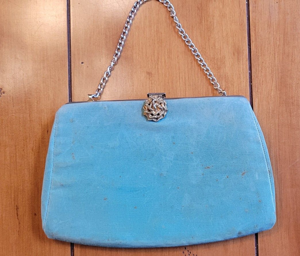 Vintage "Tiffany Blue" Purse With Metal Rose Clasp & Chain Handle