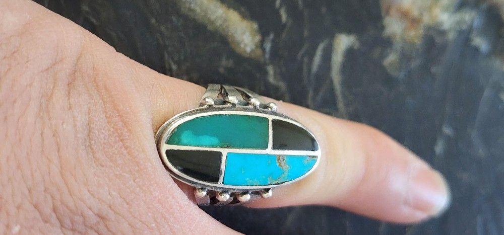 Turquoise Inlay ring Silver For Sale