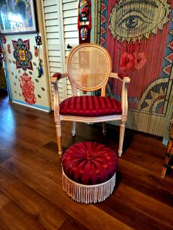 Louis XVI armchair features goldleaf frame deep red velvet upholstery Footstool 37.5"×28"×22"