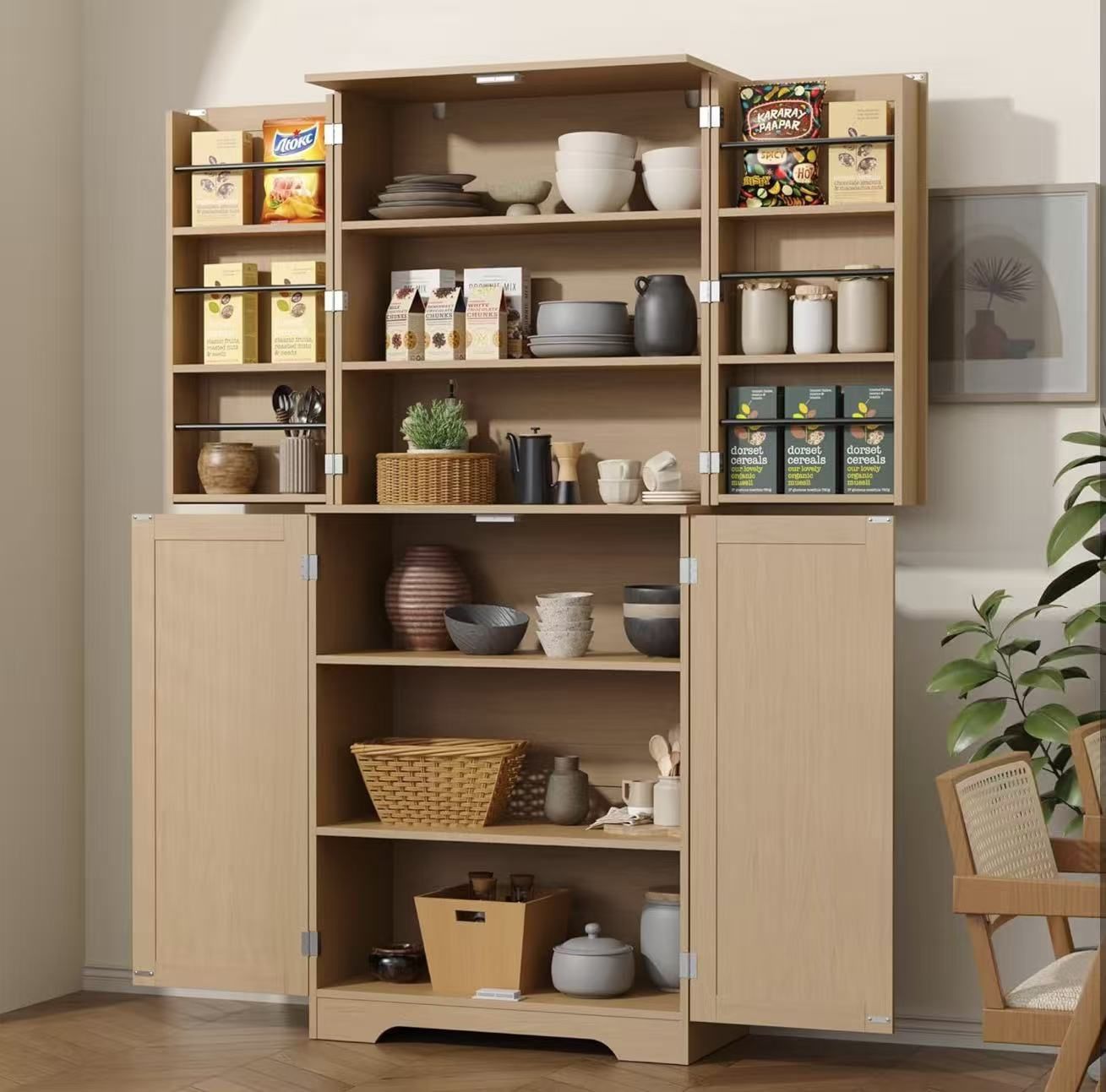 Tall Kitchen Pantry with Rattan Doors, Storage Cabinet with Organizer, Adjustable Shelves $150 