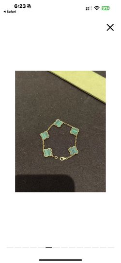 18k Yellow gold Van cleef Alhambra style Turquoise 5 motifs clover shape stone bracelet