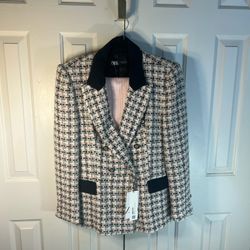 Zara Black And Cream Houndstooth Blazer