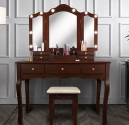 Vanity Beauty Station,Tri-Folding Mirrors,6 Organization 7 Drawers Makeup Dress Table with Cushioned Stool-Espresso