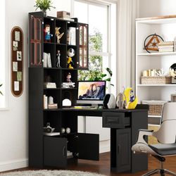 #76AB，#77AB，L-Shaped Corner Computer Desk, Home Office Desk - 2 in 1 L-Shaped Large Workspace Desk, Modern Style with Drawers, Bookshelves and Storage