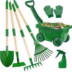 Duckura Kids Gardening Tools Set - 7pcs Wheelbarrow Set for Kids with Shovel, Rake, Leaf Rake, Summer Outdoor Yard Digging Weed Birthday Gifts Toys, E