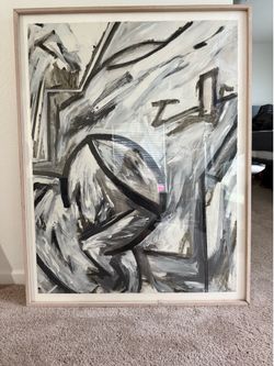 Large Abstract Expressionist Painting Black White Gray Framed Modern Art
