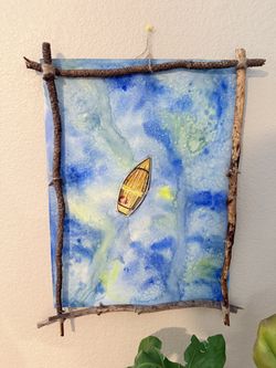 Original Watercolor Painting “Blue Waters” with Handmade Branch Frame – $250