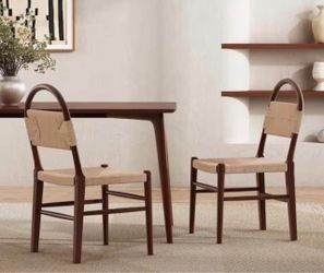 Modern Brown Rubber Wood Woven Dining Chair Armless Side Chair for Home Bar/Restaurant (Set of 2)
