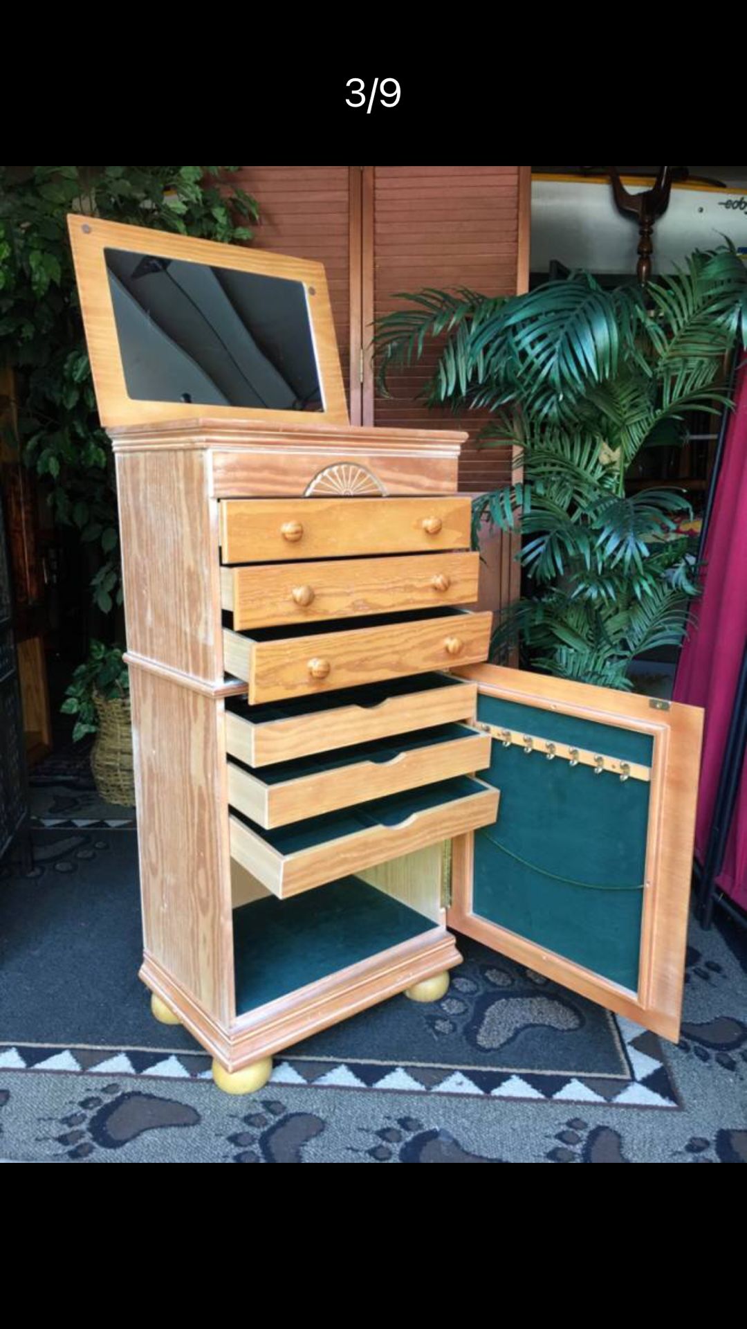 Blonde Oak Jewelry Cabinet Armoire with Mirror - 41H, (54H mirror up) - 20W x 14D - 6 drawers and door By Powell