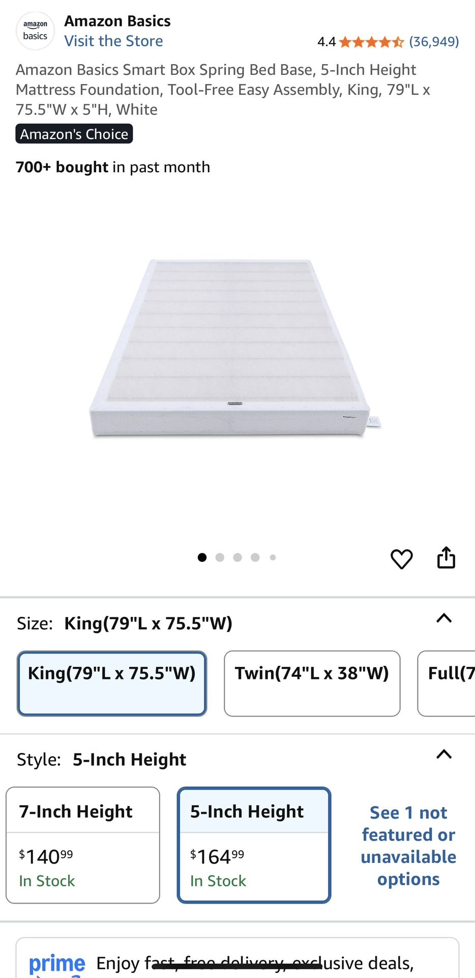 Amazon Basics Smart Box Spring Bed Base, 5-Inch