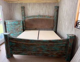 Stunning Turquoise Distressed King Bedroom Set - Bed + Ches