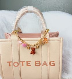 Cream Leather Tote Bag with Charm Chain