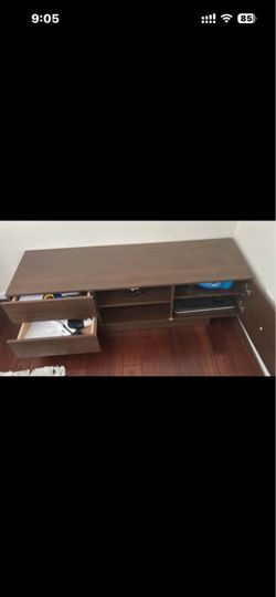 Walnut brown color, clean and modern style. 2 large drawers + 2 open shelves for storage. Perfect
