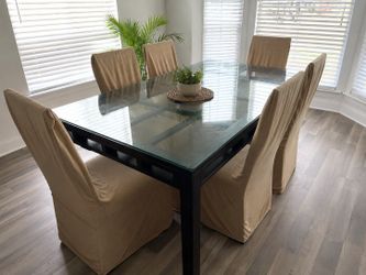 Modern Glass Dining Table Set w/ Chairs & Covers – 76” x 44”