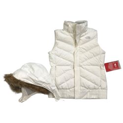 THE NORTH FACE GOOSE DOWN 600 PUFFER VEST SMALL S WOMENS WHITE HOODIE FAUX FUR