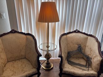 Antique Vintage Brass Floor Lamp w/ Glass Side Table Hollywood Regency Era