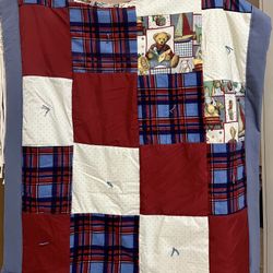 New Handmade Baby Quilt or Lap Blanket - Red & Blue Plaid Teddy Bears/Toys/Bunny