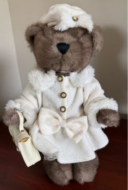 Vintage-Style Collectible Teddy Bear in Winter Attire with Display Stand