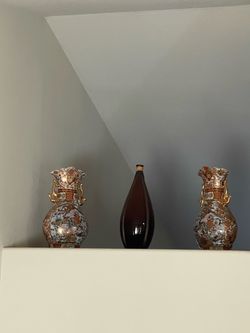 Pair of Asian Porcelain Vases with Gold Handles