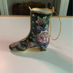 Vintage Cloisonne Brass Enamel Shoe Christmas Ornament 