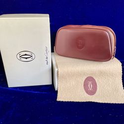 Cartier Bag Burgundy Leather Cosmetic Bag Pouch New Old Stock Case Bag Pouch Box