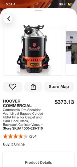 HOOVER COMMERCIAL Commercial Pro Shoulder Vac 1.6 gal Bagged Corded HEPA Filter for Carpet and Hard Floor, Black, Backpack Canister Vacuum