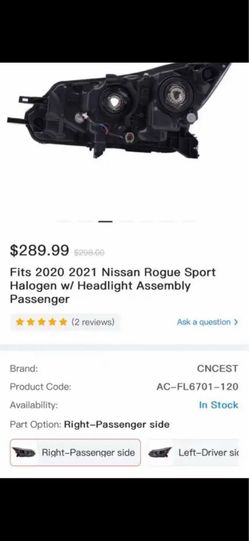 Fits 2020 2021 Nissan Rogue Sport Halogen w/ Headlight Assembly Passenger