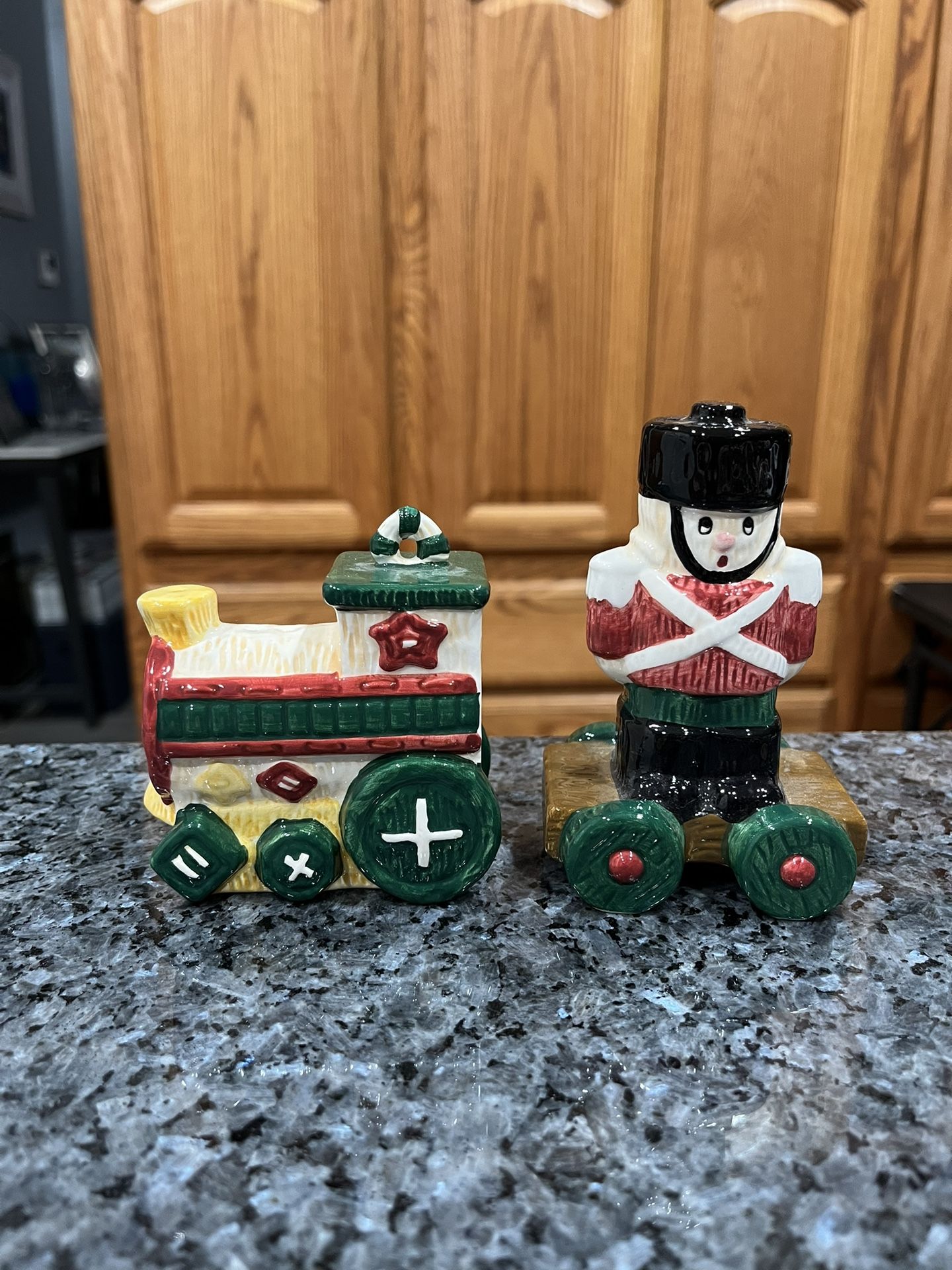 Ceramic Macy's The Cellar Toy Train Pair of Salt And Pepper Shakers. Preowned