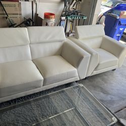 Modern White Loveseat + Glass Coffee Table x2  + 4 Bar Stools – Moving Sale”