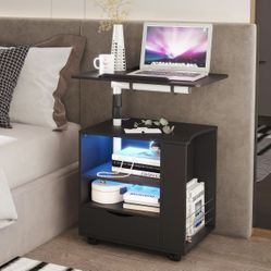LED Nightstand with Charging Station, Swivel Top Bedside Table with Wheels, Smart Night Stand with Laptop Table Workstation for Bedroom, Modern End Si
