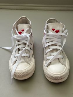 Converse Kids White High-Top Sneakers with Pink Heart Patch and Pink Stripe