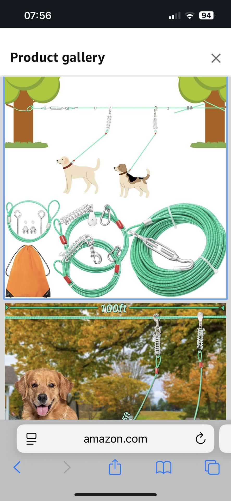 100FT Dog Tie Out Cable, Heavy Duty Chew Proof Long Dog Lead Leash with 10FT & 15FT Trolley Leash - Outdoor Runner Cable for Yard, Camping Outside - F