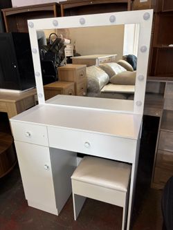 Vanity Desk with Mirror, 11 LED Lights and Power Outlet, Makeup Vanity Set with Storage Cabinet, Drawers and Chair, White Dressing Table with 3 Adjust