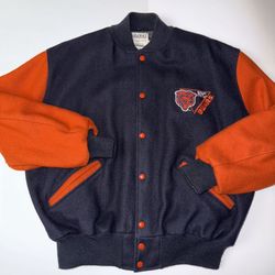 Chicago Bears NFL Football Delong Wool Varsity Bomber  Jacket Zip Up Hoodie Sweater Football NFC Navy Orange Embroidered 
