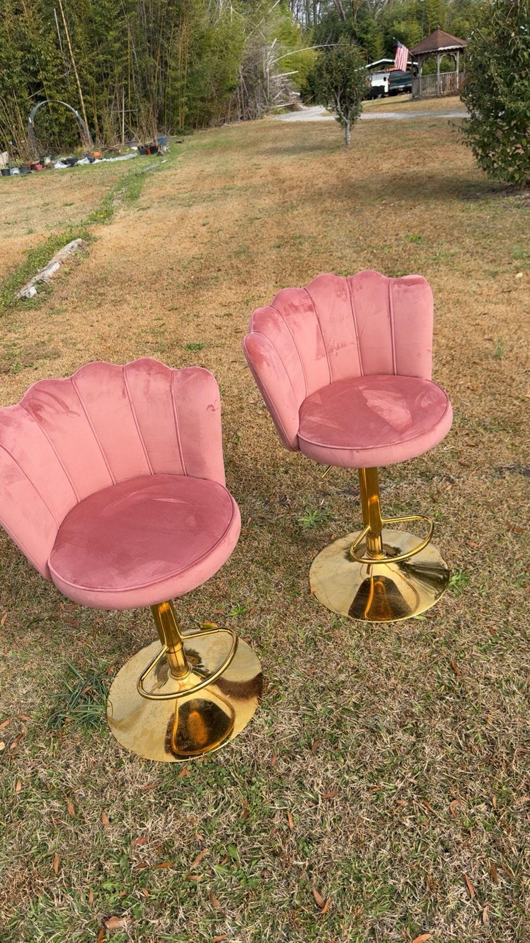 2 Pink Velvet Swivel Barstools