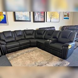 BLACK Breathable Air Leather Modular Manual Recliner Sectional Sofa