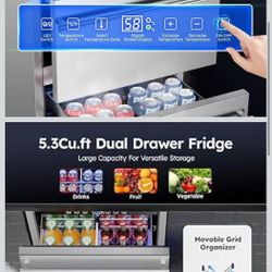 Outdoor Refrigerator for Patio, Stainless Outdoor Drawer Fridge, 24 Inch Undercounter Refrigerators with Wheels, 120 Cans Beverage Fridge, Fast Coolin