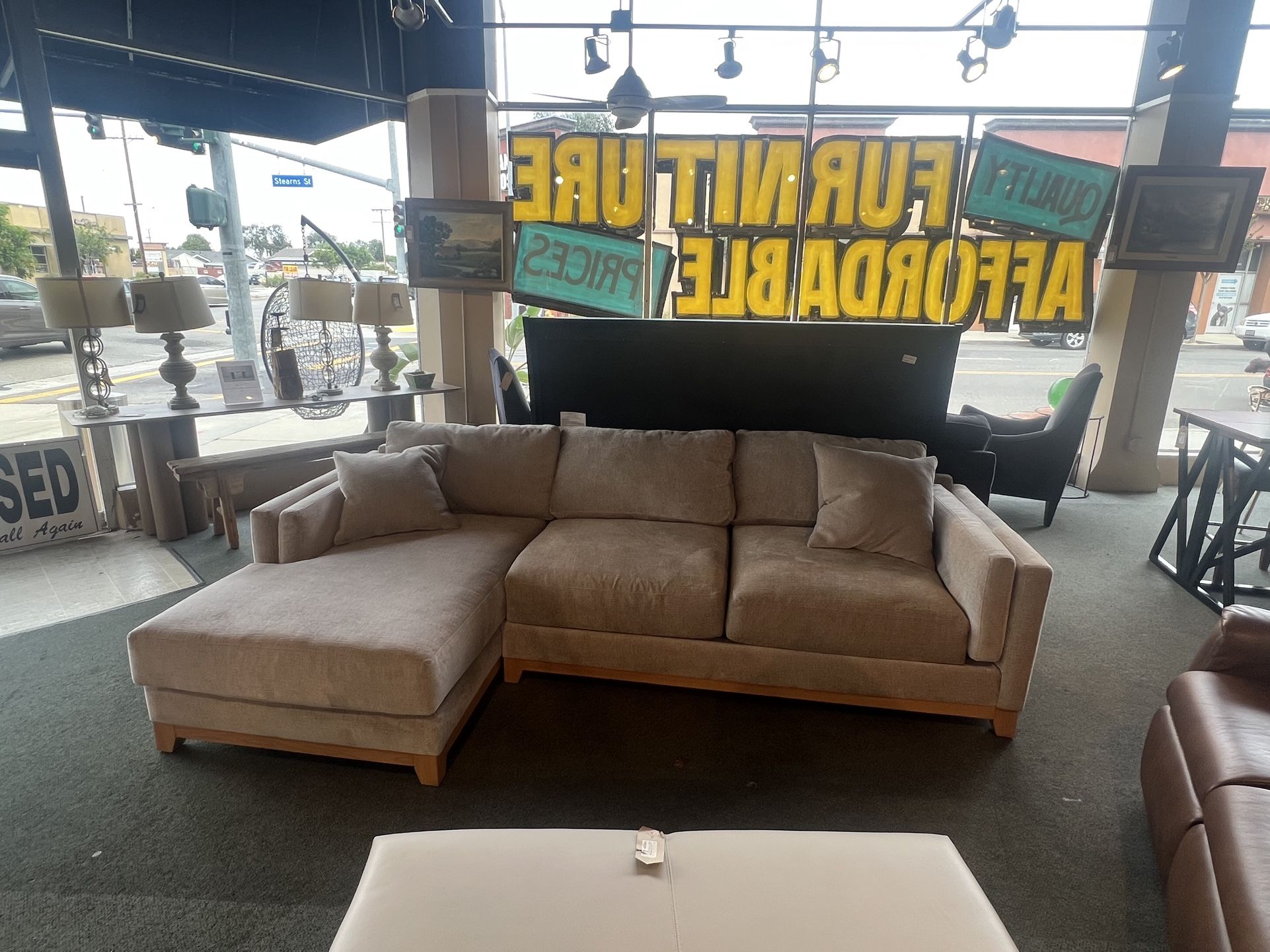 Sofa: Macy's Grey Fabric Sectional w/ Chaise Wood Base AS IS SKU