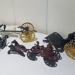 Vintage Cast Iron Horse Drawn Wagons Lot of 5 Buggy Toys for Parts or Repair 