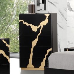 BLACK GOLD PAINTED PATTERN 5-DRAWER TALL CHEST CABINET CAJONERA 