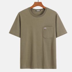 Summer lightweight pure cotton short-sleeved T-shirt for middle-aged and elderly men. Dad's style. Loose half-sleeved round-neck with pockets. Solid c