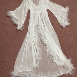New 3xl 4xl long sheer white dress robe feather photo lingerie gown costume