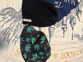 Black Knit Beanie and Leaf Print Bucket Hat