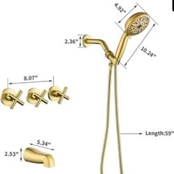 Brushed Gold Shower Faucet Set 3 Handle Tub Shower Combo with Handheld Spray