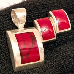925 sterling silver red stone earring and pendant set