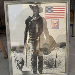 John Wayne Hondo Movie Black & White Photo Framed With Stagecoach Stamp 20” X 16”
